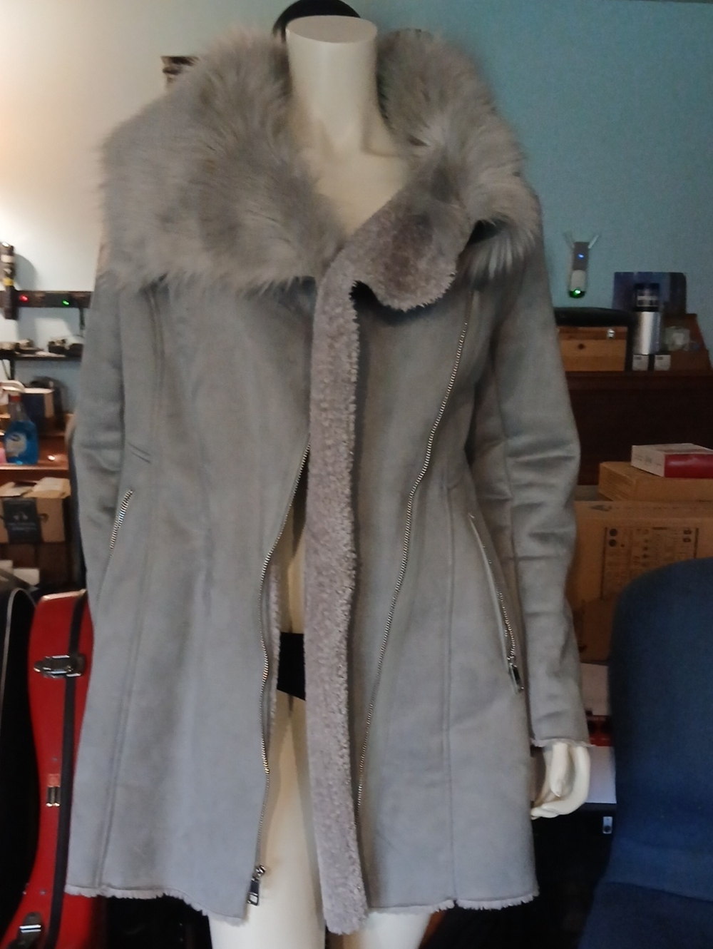 Like New! Guess Y2k Faux Suede Shearling Mid Length Coat "Fur" Collar Trim